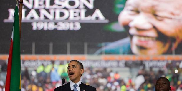 US President Barack Obama speaks to crowds attending the memorial service for former South African president Nelson Mandela. Photo / AP