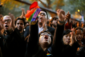 Indian gay rights activists during a protest after the country's top court ruled that a colonial-era law criminalising homosexuality will remain in effect in India. Photo / AP