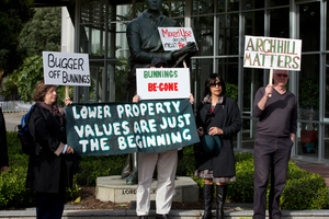 Arch Hill residents protest outside the Auckland Council's Civic Building, during a hearing into the proposed Bunnings Warehouse development on Great North Rd, Grey Lynn. Photo/Brett Phibbs NZHerald