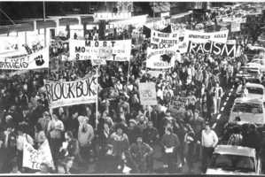 Anti Springbok rugby tour protesters make their point during a march.
