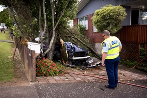 The Subaru crashed into a tree before catching fire. Photo / Dean Purcell