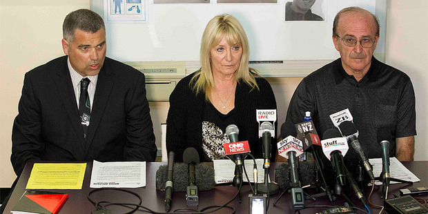 Detective Inspector Karl Thornton and missing man Paul Arbers' parents Richelle and Sam Arber speak at the Hamilton Police station. Photo / Christine Cornege