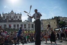 A man juggles in Rio de Janeiro, Brazil.