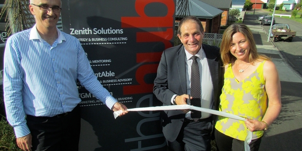 Russell Bell (left), Chester Borrows and Stephanie Bell at the opening of the Hub. Photo/Supplied