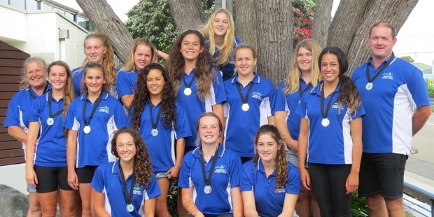 Tauranga Under-14 A Girls team. (Left to right, standing) Di Hodge (manager), Kayla Dew, Sam Hodge, Tash Ellertson-Mau, Danielle Spreadborough, Grace Elisara, Julia Kayes, Paige Robertson, Shinae Carrington, Caitlin Fenneman, Malia Josephson, Paul Kayes (coach). Front, Sophie Hayden, Georgia Ackroyd, Mercedes Taniwha.