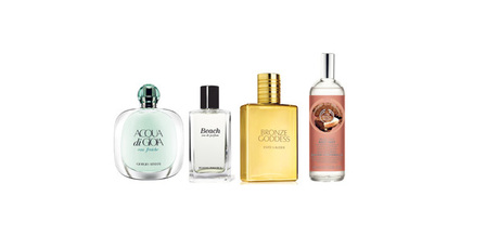 Armani Acqua di Gioia Eau Fraiche; Bobbi Brown Beach; Estee Lauder Bronze Goddess Eau Fraiche Skinscent; The Body Shop Brazil Nut Body Mist. Photo / Supplied.