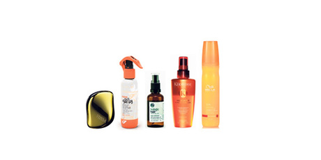 Tangle Teezer Compact Styler; Fudge Salt Spray; Holistic Hair Sea Shine; Kerastase Soleil Huile Lactee; Wella Professional Sun Protection Spray. Photo / Supplied.