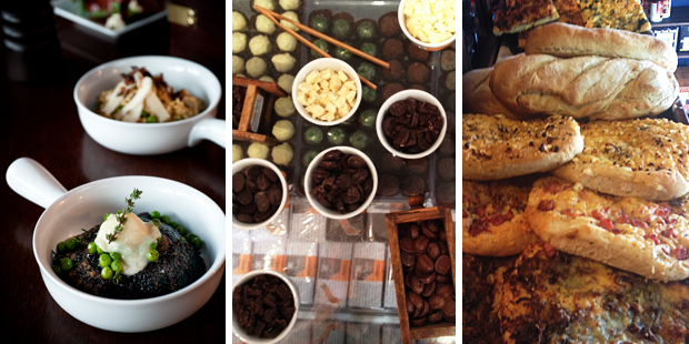 Three delicious foodie places to visit in Greytown. From left: Bar Salute, Schoc Chocolates, the Main Street Deli. Photos / Mike Heydon, Nicky Park