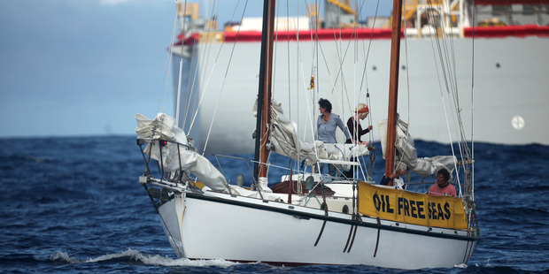 The Greenpeace sponsored yacht SV Vega prepares to leave the Anadarko drill site.