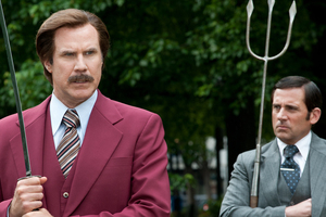 Will Ferrell as Ron Burgundy, left, and Steve Carell as Brick Tamland in a scene from Anchorman 2: The Legend Continues.