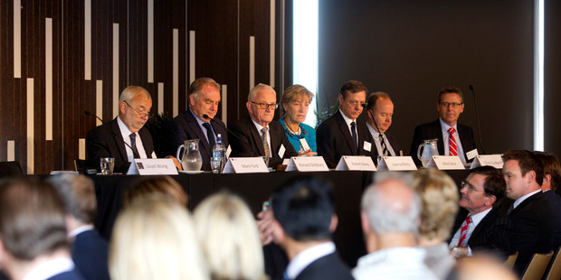 Kiwi Income Property Trust board members at last week's shareholders meeting before a vote to buy the management contract from CBA. Photo / Chris Gorman