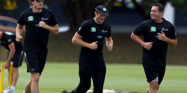New Zealand Black Caps cricket players Kyle Mills, Martin Guptill and Jesse Ryder during the Black Caps team training session held at Colin Maiden Park, Auckland, in 2012. Photo / APN