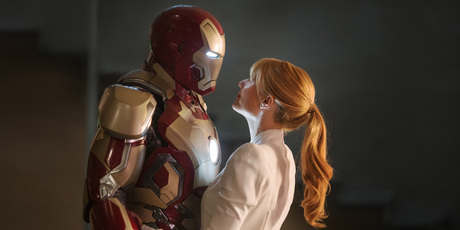 Robert Downey Jr as Tony Stark/Iron Man and Gwyneth Paltrow as Pepper Potts in 'Iron Man 3'.