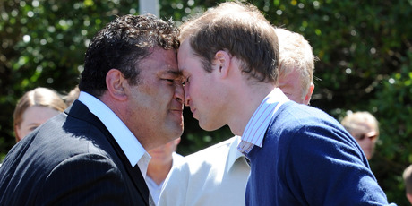 Prince William, right, hongi with Kohu Ropata as part of the maori welcome to Kapiti Island in 2010.
Photo / Ross Setford