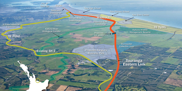 SUPPLIED IMAGE - Map showing the route of the Tauranga Eastern Link roading project.