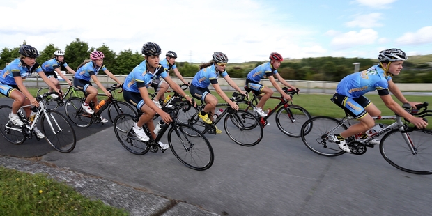 Sam Warriner puts her Sweat7 training squad through their paces on the KartSport Whangarei track in Austin Rd, Maunu. Photo / John Stone