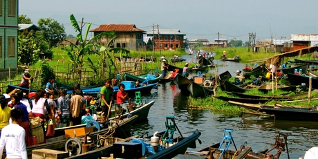 Floating gardens and villages are dotted around Inle Lake.