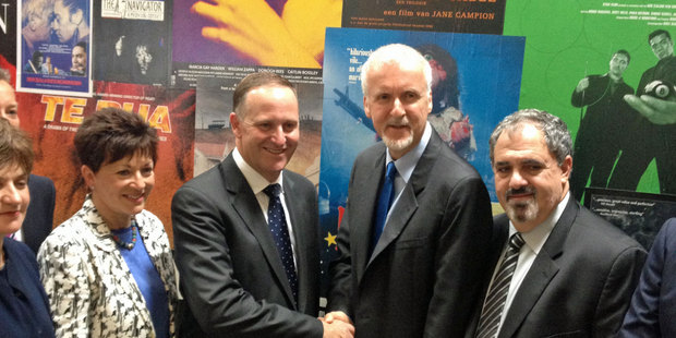 John Key and James Cameron with NZ Film Commission chair Patsy Reddy and Avatar producer Jon Landau. Photo / Claire Trevett