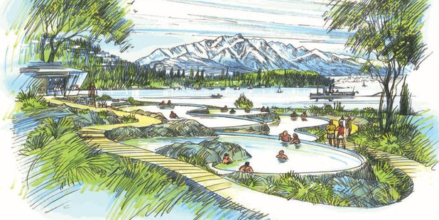 Concept drawings of the possible Ngai Tahu hot pools development, looking towards the Remarkables.