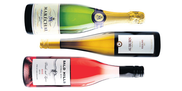 Marechal Methode Traditionnelle Brut NV; Auburn Bendigo Central Otago Riesling; Bald Hills Friends and Lovers Central Otago Rose. Photos / Babiche Martens