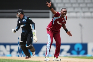 Dwayne Bravo appeals unsuccessfully for an lbw during the first ODI at Eden Park on Boxing Day. Photo / Getty Images