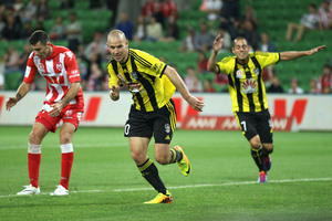 Stein Huysegems of the Phoenix celebrates after scoring a goal. Photo / Getty Images