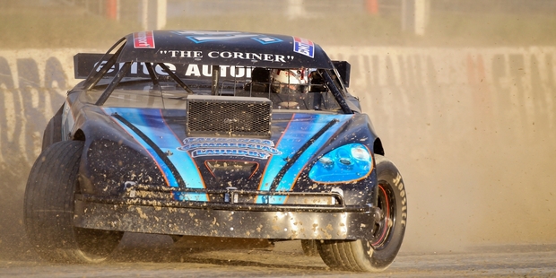 Huntly's Cody Hata takes a corner during the first heat in the North Island Super Saloon Championships at Meeanee on Saturday night. Photo/Glenn Taylor