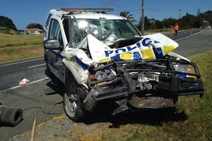 This police truck was involved in a collision with a sewage pump truck in the Far North. PHOTO / JESS BECKETT