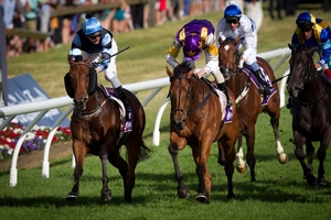 Historian (purple and yellow) wins the Zabeel Classic from O'Fille (not in picture) and Soriano (left). Photo / Sarah Ivey