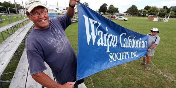 READY TO ROCK: Waipu Caledonian Society committee member Ted Hart (left) and chairman Don Ewen prepare for the Waipu Highland Games tomorrow. PHOTO/JOHN STONE