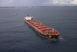 The Japanese-owned bulk iron sand carrier the Taharoa Express anchored off the coast of the North Island of New Zealand. Photo/supplied