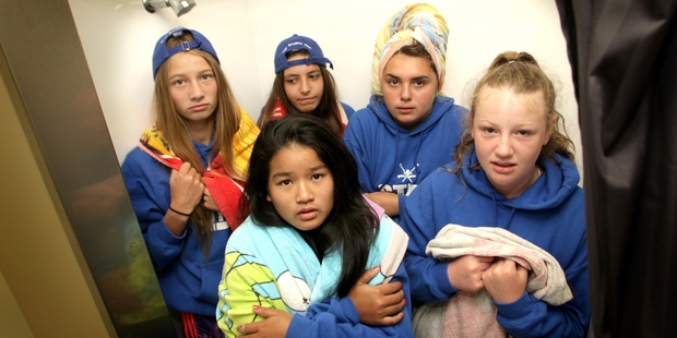 These girls were showering in the cold after thieves made off with a gas water heater at the Aramoho Wanganui Rowing Club. Back row (from left): Poppy Moody, Zoe Psathas and Marina Malaponti. In front (from left): Sreymuch Soth and Niamh Murphy. Photo/Bevan Conley