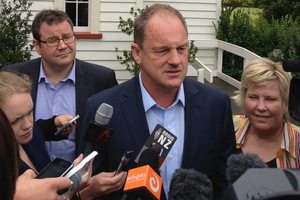 David Shearer speaks to media at today's caucus meeting in Henderson. Photo / Brett Phibbs