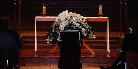 The coffin of Sir Paul Holmes is seen at Auckland Cathedral of the Holy Trinity in Parnell. Photo / Getty Images
