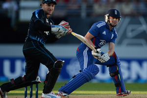 Jonathan Bairstow of England bats watched by New Zealand wicketkeeper Brendon McCullum. Photo / Getty Images.