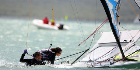 Alex Maloney and Molly Meech have their hands full in their 49er. Photo / Chris Gorman