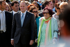 Prime Minister John Key was eventually welcomed on to Te Tii Marae at Waitangi yesterday, accompanied by Titewhai Harawira. Photo / Sarah Ivey