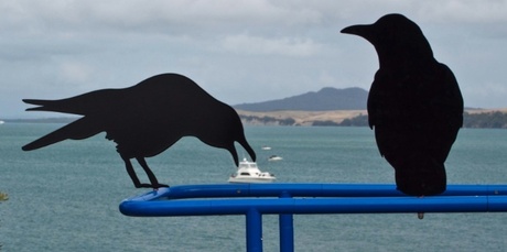 Konstantin Dimopoulos's Beyond Good and Evil from the Sculpture On The Gulf exhibition, Waiheke Island interacts with the view. Snapped by Steve Murray.