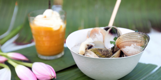 Garlic clams and mango vanilla cream. Photo / Doug Sherring