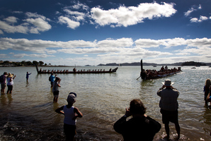 Waka bobbing in the waters of the Bay of Island are usually a feature of Waitangi Day. Photo / Sarah Ivey