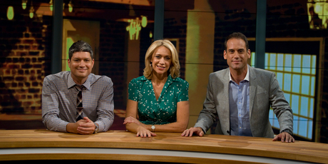 TV One's Seven Sharp presenters (left to right) Jesse Mulligan, Ali Mau and Greg Boyed in the studio. Photo / Michael Craig