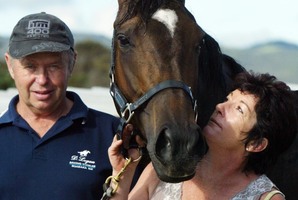 Dean and Donna Logan with their high-class filly Habibi, who will probably contest the Avondale Guineas on her way to the Derby. Photo / APN