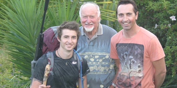 Teenage adventurer Brandon Yelavich, all packed up and ready to begin his marathon journey, with his great-uncle Drago Yelavich and father Todd. Photo / Supplied