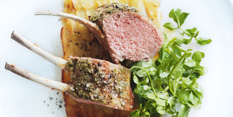 Green peppercorn-crusted lamb rack with crunchy potatoes. Photo / Chris Court, Donna Hay Magazine