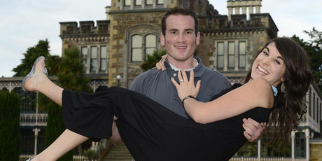 Matthew Weathers holds his fiance, Fleur Allen, after proposing at Larnach Castle on Saturday. Photo by Peter McIntosh. Photo / Peter McIntosh/Otago Daily Times