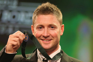 Michael Clarke of Australia poses after winning the Allan Border Medal. Photo / Getty Images