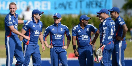 Stuart Broad of England, left, celebrates with teammates after taking a hattrick. Photo / Getty Image