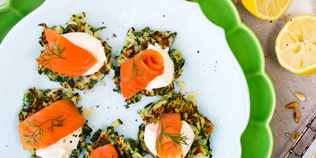 Courgette and dill fritters with creme fraiche and salmon. Photo / NZH