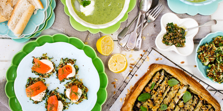 Chilled courgette soup, courgette fritters with somked salmon and courgette tart. Photo / NZH