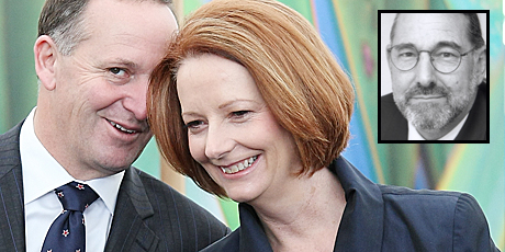 Prime Minister John Key and Australian Prime Minister Julia Gillard, with Anthony Malcolm inset. Photo / Greg Bowker
